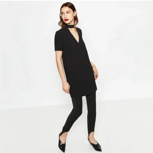 Zara Black Mini Shift Choker Neck Dress, Sort Sleeves, Medium - Picture 7 of 9